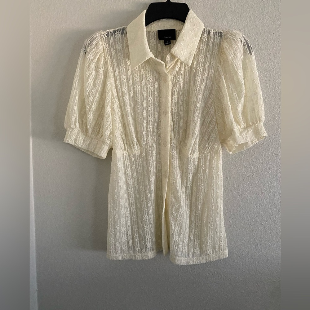 Lumiere Lace Top Puff Sleeve Ivory Button Up Blouse babydoll Boho